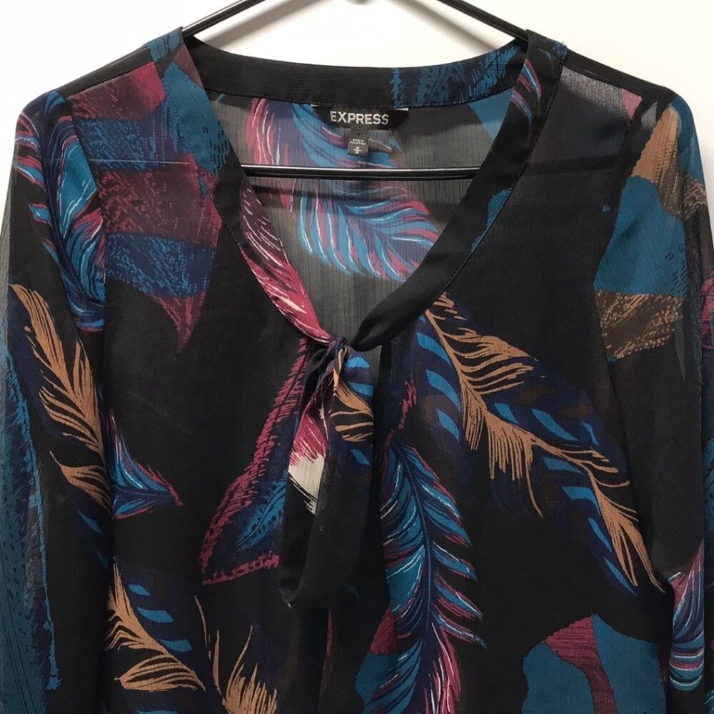 Express Sheer Feather Print Tie Front Blouse - image 6